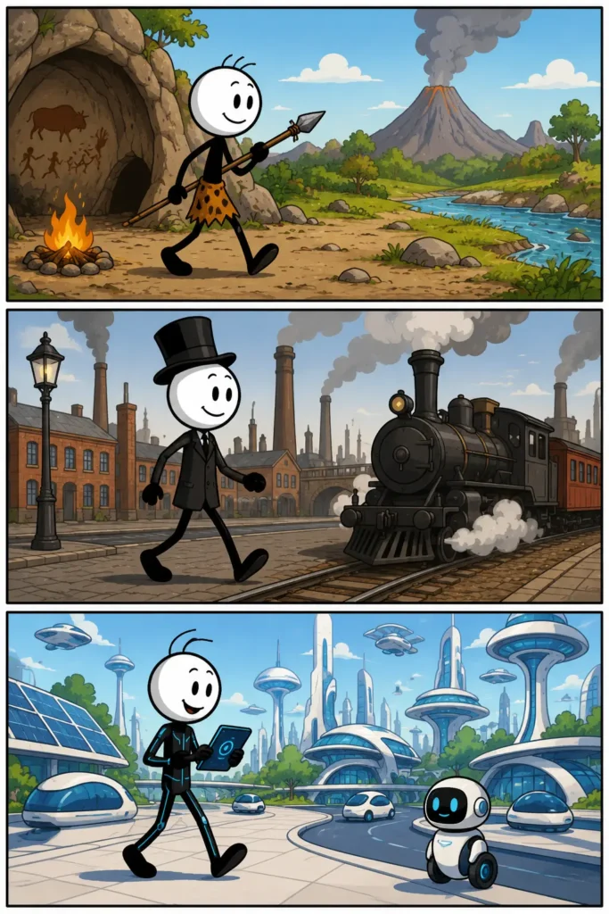 Tijdperk – Een stripafbeelding met drie panelen waarin een stickfiguur verschillende tijdperken beleeft: van de prehistorie via de industriële tijd naar een moderne en futuristische samenleving vol technologie en duurzame energie.