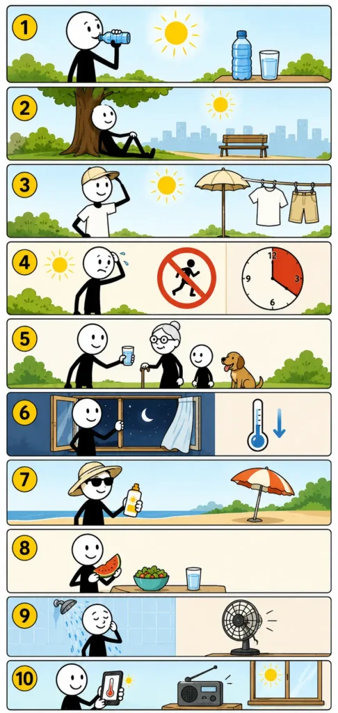 Toonwords-strip met praktische tips bij een hittegolf. Een stickman laat stap voor stap zien hoe je veilig omgaat met extreme warmte, zoals voldoende water drinken, schaduw opzoeken, lichte kleding dragen, de heetste uren vermijden, zorgen voor kwetsbare mensen, 's nachts ventileren, zonnebrand gebruiken, verkoelend eten en afkoelen met water.