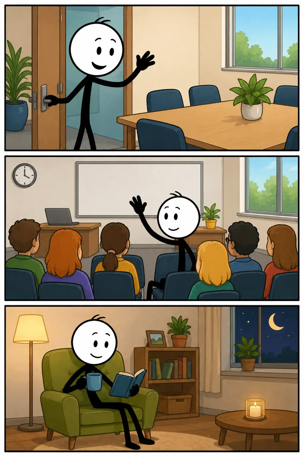 Een vrolijke Toonwords-strip met drie panelen waarin het begrip aanwezig centraal staat: een stickman komt een vergaderruimte binnen, meldt zich zichtbaar in een klaslokaal en ontspant later thuis, waarmee wordt uitgebeeld dat hij op verschillende momenten aanwezig is.