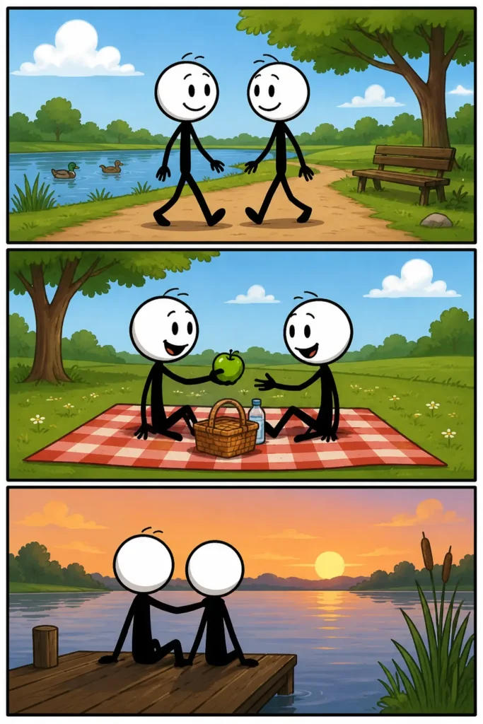 Een kleurrijke Toonwords-strip over het woord 'Allebei' met drie panelen: twee personen wandelen samen langs een meer, genieten daarna samen van een picknick en zitten tot slot naast elkaar op een steiger tijdens de zonsondergang. De afbeelding laat zien dat twee personen dezelfde activiteit samen doen.