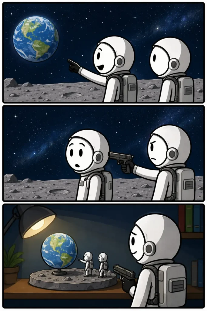 Een Toonwords-strip over de meme "Always Has Been". In drie panelen ontdekken twee stickfiguren een verrassend inzicht. Eén figuur wijst enthousiast naar een planeet, waarna de ander een onverwachte reactie geeft. In het laatste paneel wordt de bekende meme op humoristische wijze afgerond, waarbij de scène verwijst naar het iconische internetgrapje over een onthulling die altijd al waar bleek te zijn.