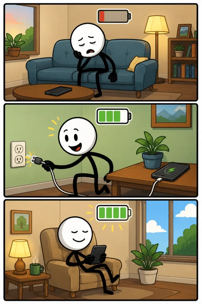 Een Toonwords-strip over het woord "Batterij". In drie panelen is een stickman eerst vermoeid terwijl een lege batterij zichtbaar is. Daarna sluit hij een apparaat aan op een oplader en loopt de batterij vol. In het laatste paneel gebruikt hij het opgeladen apparaat ontspannen, terwijl een volle batterij aangeeft dat er weer voldoende energie beschikbaar is.