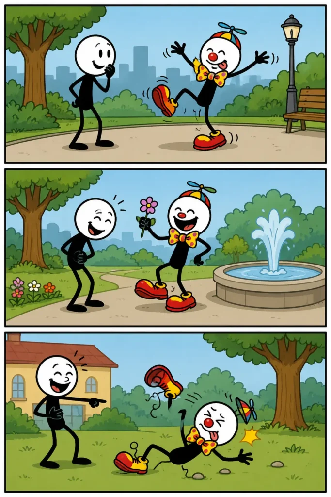 Belachelijk – Een vrolijke strip in drie panelen waarin een grappig geklede figuur steeds overdreven capriolen uithaalt. Eerst wordt er lachend gekeken naar de vreemde bewegingen, daarna zorgen de gekke fratsen voor nog meer plezier en uiteindelijk eindigt alles met een onhandige val waar hartelijk om wordt gelachen. De kleurrijke omgeving en de luchtige sfeer benadrukken hoe iets door zijn overdreven of absurde karakter belachelijk kan overkomen.