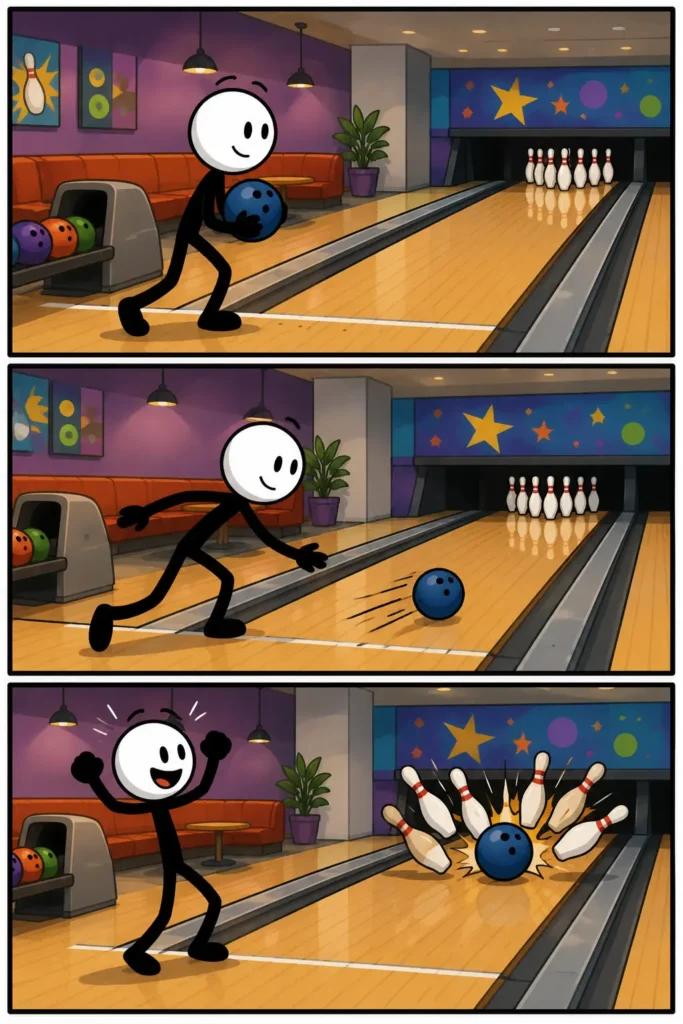 Een kleurrijke stripafbeelding met drie panelen waarin een stickman gaat bowlen. In het eerste paneel staat hij achter de foutlijn met een bowlingbal klaar voor de worp. In het tweede paneel rolt de bal over de baan richting de kegels. In het derde paneel vallen de kegels om en viert hij blij zijn succesvolle worp. De afbeelding laat duidelijk de betekenis van het woord 'Bowlen' zien.