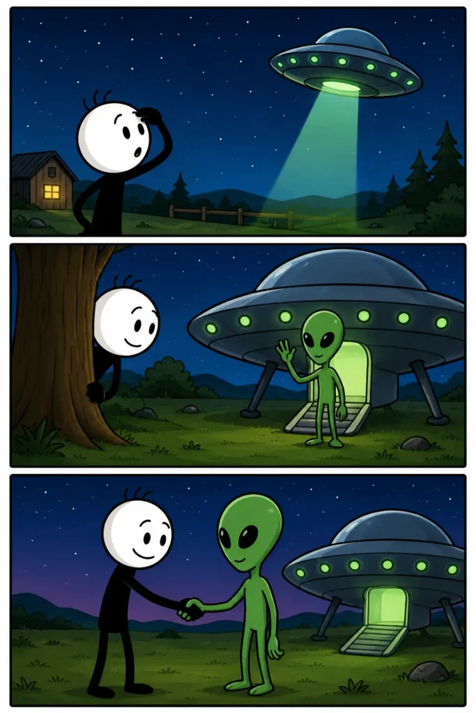 Buitenaards – Een driedelige Toonwords-strip waarin een vriendelijk buitenaards wezen met een UFO op aarde arriveert, nieuwsgierig rondkijkt en daarna weer vertrekt terwijl de stickman verbaasd en enthousiast reageert.