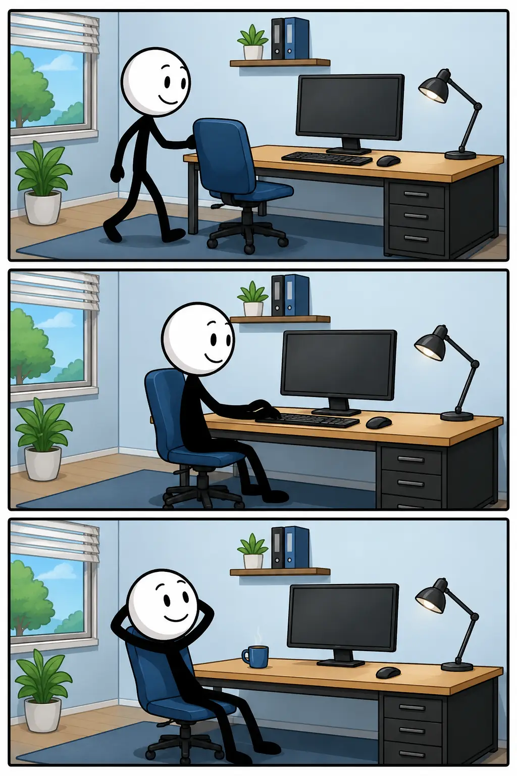 Een vrolijke stripafbeelding in drie panelen over een bureau. Een stickman loopt naar een modern bureau, werkt achter een computer en leunt daarna ontspannen achterover met een kop koffie. De afbeelding laat zien dat een bureau een praktische plek is om te werken, leren en organiseren.