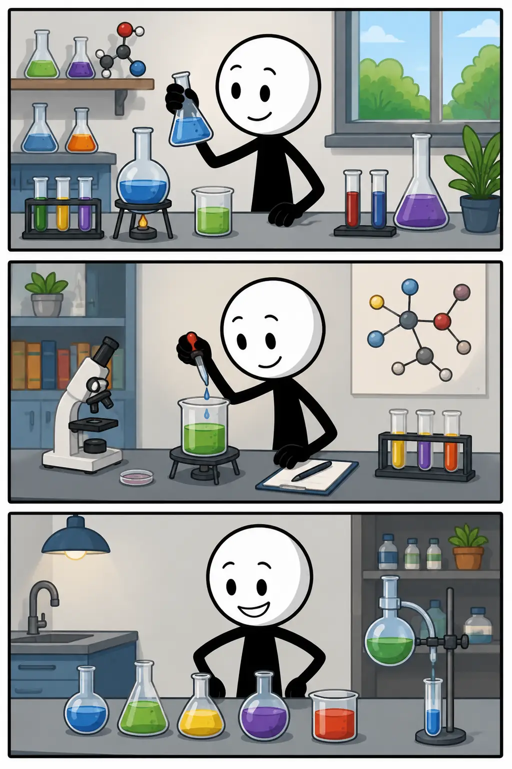 Een Toonwords-stripafbeelding in drie panelen over chemische wetenschap. Een stickman onderzoekt stoffen in een laboratorium, voert zorgvuldig een proef uit met reageerbuizen en bekijkt daarna tevreden de resultaten van het experiment.
