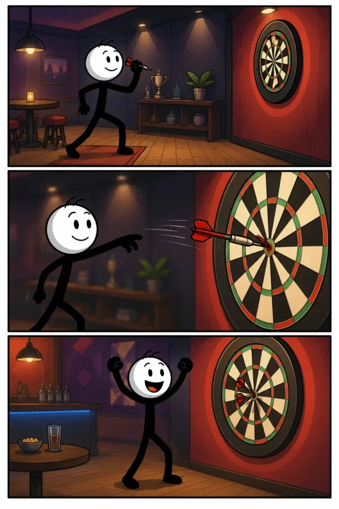 Een Toonwords-strip van 'Darten' waarin een stickman zich concentreert, een dartpijl richting het dartbord gooit en daarna enthousiast viert dat de worp precies in de roos is beland.