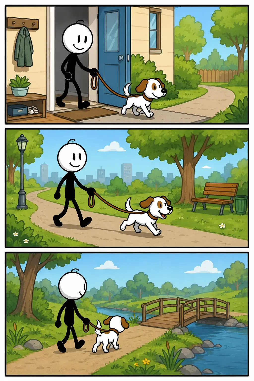 Stripafbeelding van drie panelen over de hond uitlaten. In het eerste paneel loopt een stickman met een vrolijke hond naar buiten aan de riem. In het tweede paneel wandelen ze samen over een kronkelend pad in een groen park. In het derde paneel lopen ze ontspannen langs een beek met een houten brug, terwijl de hond nieuwsgierig vooruit kijkt.