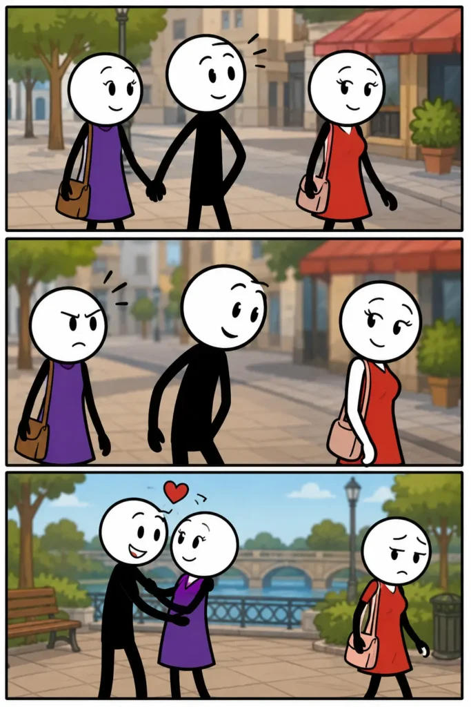 Een kleurrijke Toonwords-strip over Distracted Boyfriend met drie panelen waarin een stel samen loopt, de vriend wordt afgeleid door een voorbijganger en uiteindelijk weer liefdevol terugkeert naar zijn partner terwijl de ander teleurgesteld verder loopt.