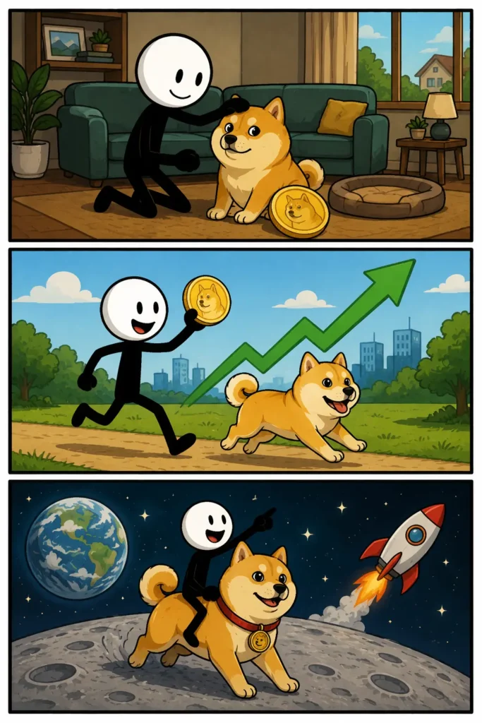 Een stripafbeelding van de internetmeme "Doge", waarin een stickman samen met de beroemde Shiba Inu verschillende avonturen beleeft, van een ontspannen moment thuis tot een symbolische reis richting succes.