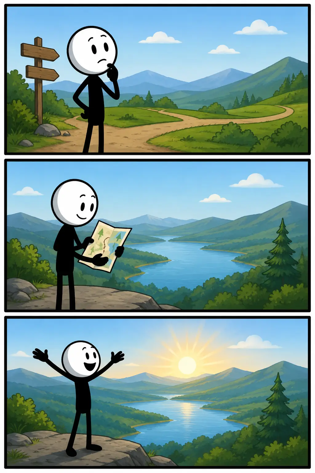 Clarity: een stickman vindt tijdens een tocht stap voor stap duidelijkheid, maakt een keuze met vertrouwen en geniet uiteindelijk van een helder overzicht in een berglandschap.