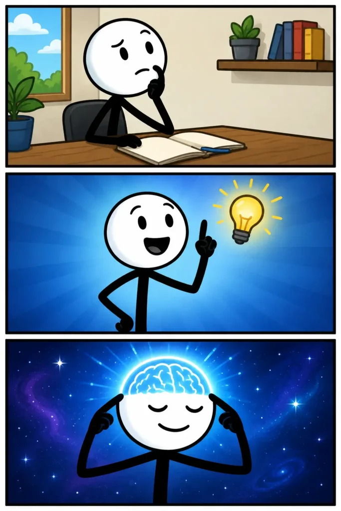 Een Toonwords-strip over de meme "Expanding Brain". In drie panelen ontwikkelt een stickman zich van nadenken naar een plotseling inzicht en uiteindelijk naar een overdreven niveau van verlichting. De hersenen worden steeds groter en stralender, waardoor de bekende internetmeme over steeds 'slimmere' of juist absurdere ideeën op humoristische wijze wordt uitgebeeld.