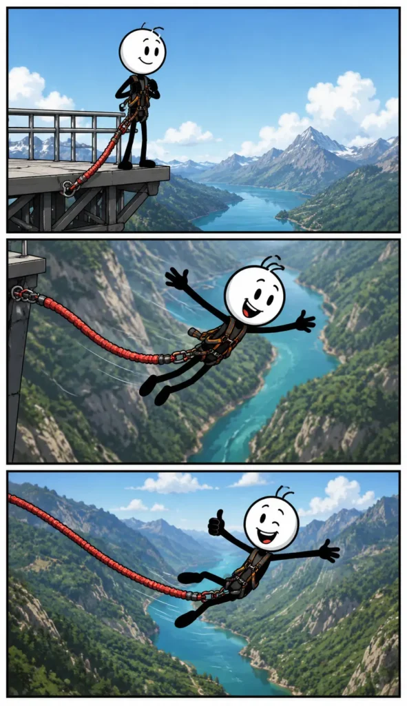Een vrolijke Toonwords-strip over Extreem waarin een stickman vanaf een hoge bungee-installatie een spectaculaire sprong maakt boven een berglandschap en met een grote glimlach weer omhoog veert.