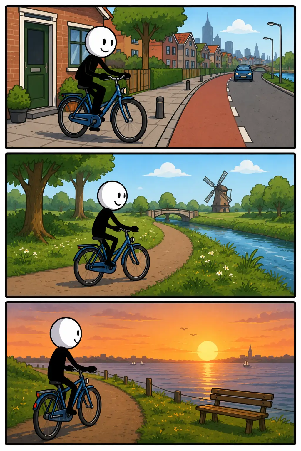 Fietsen in Toonwords-stijl: een vrolijke stickman fietst eerst door een woonwijk, vervolgt de route langs een kronkelend pad met molen en rivier en geniet daarna van een prachtig uitzicht bij het water tijdens de zonsondergang.