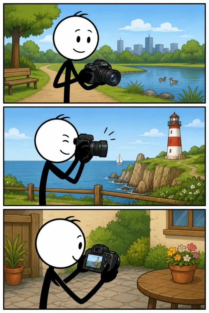 Een vrolijke Toonwords-strip met drie panelen waarin een stickman een fototoestel gebruikt op verschillende locaties: eerst houdt hij een camera vast in een park, daarna maakt hij een foto bij een vuurtoren aan zee en tot slot bekijkt hij tevreden het resultaat op het scherm van het fototoestel in een gezellige tuin.