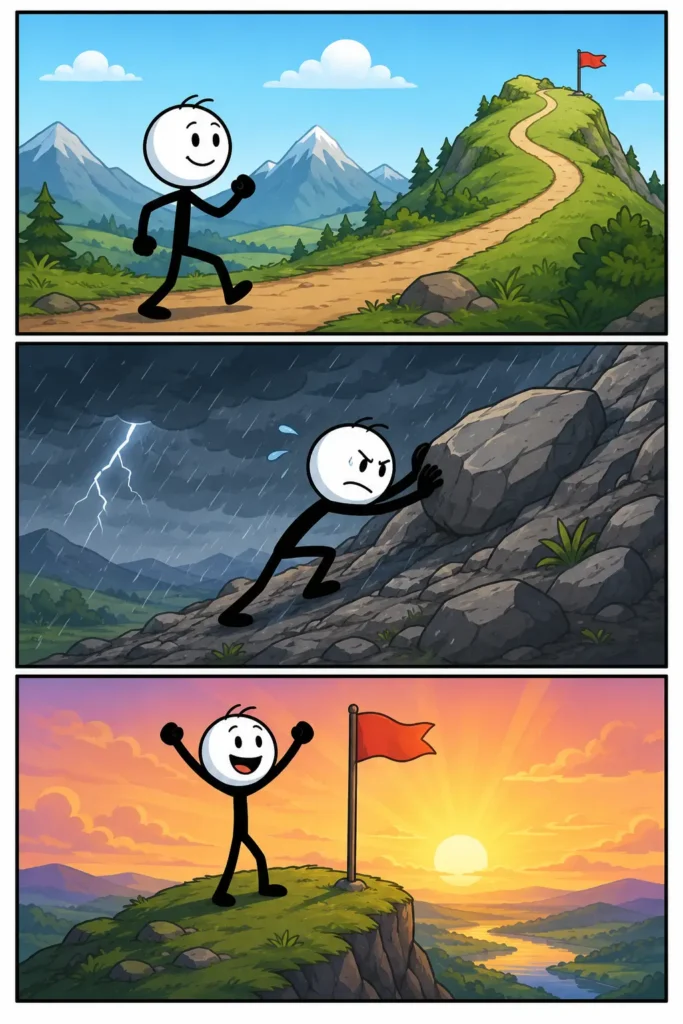 Een Toonwords-strip van 'Getrouwen zullen niet falen' waarin een stickman vol vertrouwen aan een moeilijke tocht begint, ondanks zware omstandigheden doorzet en uiteindelijk met een blije gezichtsuitdrukking zijn doel bereikt.