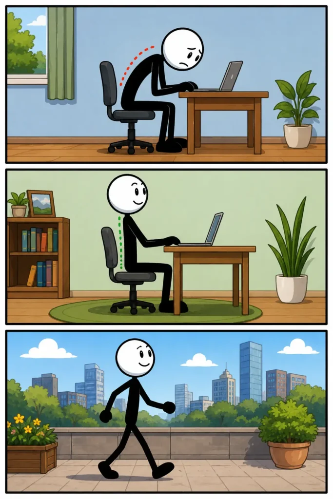 Stripafbeelding van Houding in Toonwords-stijl: een stickman zit eerst onderuitgebogen achter een bureau, neemt daarna een rechte en ontspannen zithouding aan en loopt tenslotte met een zelfverzekerde, rechte houding door een stadspark.