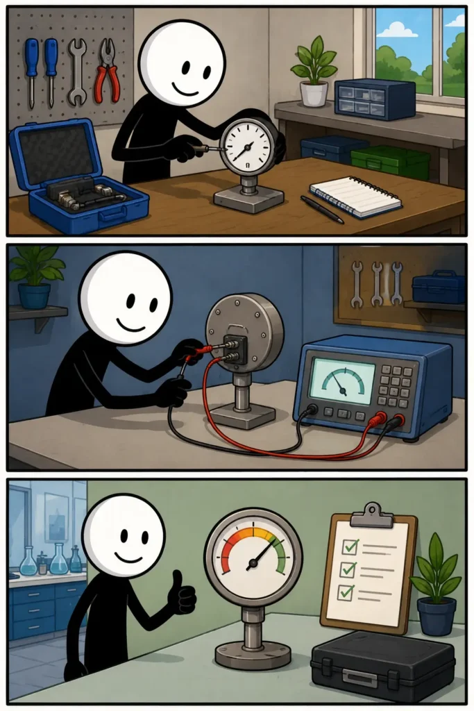 Stripafbeelding van Kalibreren in drie panelen. Een stickman stelt eerst een meetinstrument nauwkeurig af, sluit daarna een tester aan om de meting te controleren en bevestigt tot slot tevreden dat het instrument correct werkt na het kalibreren.