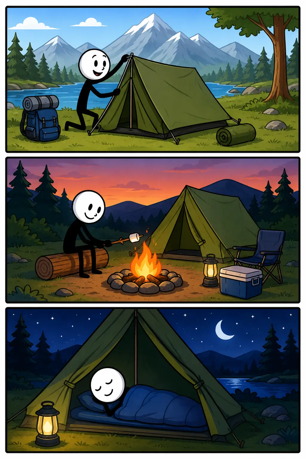 Kamperen in Toonwords-stijl: een vrolijke stickman zet een tent op aan een bergmeer, roostert daarna iets boven een kampvuur en slaapt ten slotte tevreden in de tent onder een heldere sterrenhemel.