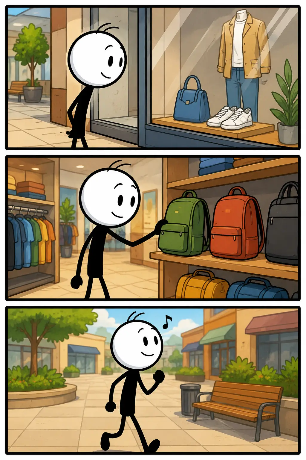 Stripafbeelding van het woord 'Kijken, kijken, niet kopen'. In drie panelen bekijkt een stickman nieuwsgierig een etalage, bekijkt daarna verschillende rugzakken in een winkel en loopt vervolgens glimlachend zonder aankoop weer naar buiten door een rustig winkelgebied.