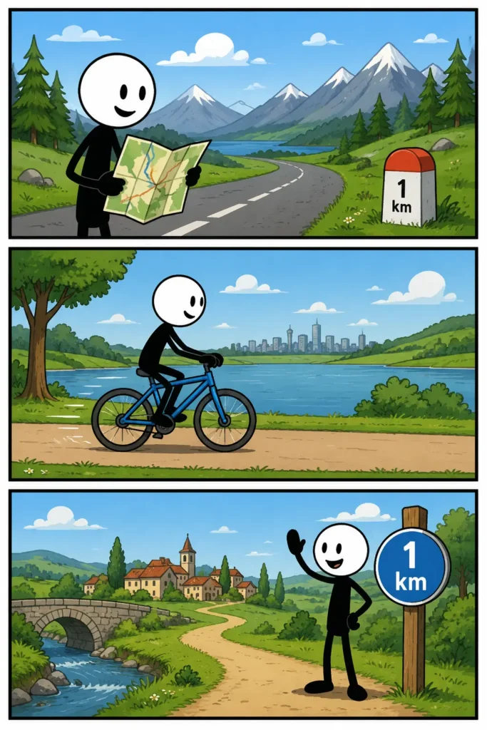 Een vrolijke stripafbeelding in drie panelen over kilometer. Een stickman volgt een kronkelende weg door een berglandschap, fietst langs een meer richting een stad en eindigt bij een wegwijzer met een kilometeraanduiding in een schilderachtig dorp. De afbeelding laat zien hoe kilometers worden gebruikt om afstanden tijdens een reis aan te geven.