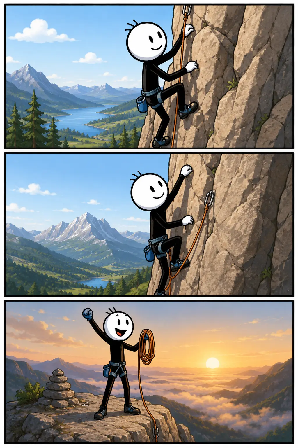 Klimmen: een vrolijke stickman beklimt in een strip met drie panelen een hoge rotswand. Eerst begint hij aan de klim met een veiligheidstouw, daarna klimt hij steeds hoger langs de steile rots en uiteindelijk bereikt hij tevreden de bergtop terwijl hij uitkijkt over een indrukwekkend berglandschap bij zonsopkomst.