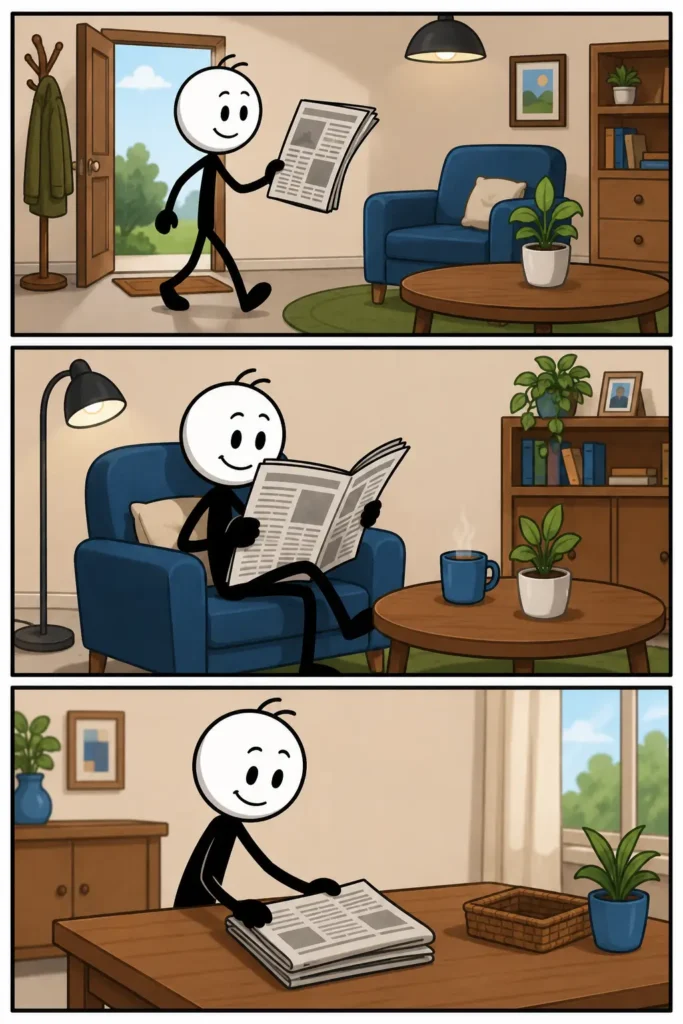 Krant: een vrolijke stickman komt met een krant binnen, leest deze ontspannen in een comfortabele stoel en legt de krant daarna netjes op tafel in een gezellige woonkamer.