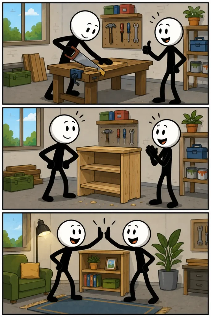 Strip in drie panelen over "Lekker bezig": een stickman bouwt stap voor stap een houten kast terwijl een ander hem enthousiast aanmoedigt. Na het voltooien van het project vieren ze samen het succesvolle resultaat met een high five.