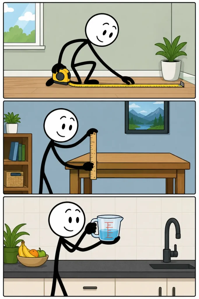 Een vrolijke stripafbeelding in drie panelen over meten. In het eerste paneel meet een stickman met een rolmaat een vloer. In het tweede paneel controleert hij met een liniaal de hoogte van een tafel. In het derde paneel bekijkt hij de hoeveelheid water in een maatbeker in een keuken. Elk paneel toont een andere manier waarop meten wordt gebruikt.