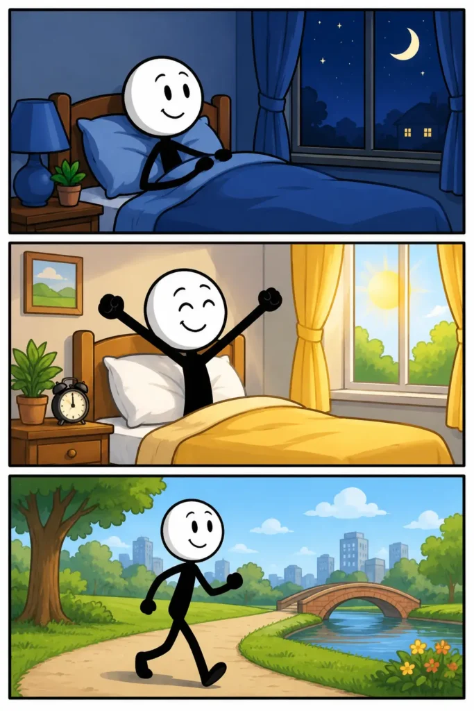 Stripafbeelding van Morgen is er weer een dag in drie kleurrijke panelen. Eerst ligt een vrolijk figuur rustig in bed tijdens de nacht, daarna begint de ochtend met een frisse rek en zonlicht door het raam, en ten slotte volgt een ontspannen wandeling door een groen park langs een brug en water. De afbeelding laat zien dat na de nacht altijd een nieuwe dag met nieuwe mogelijkheden begint.