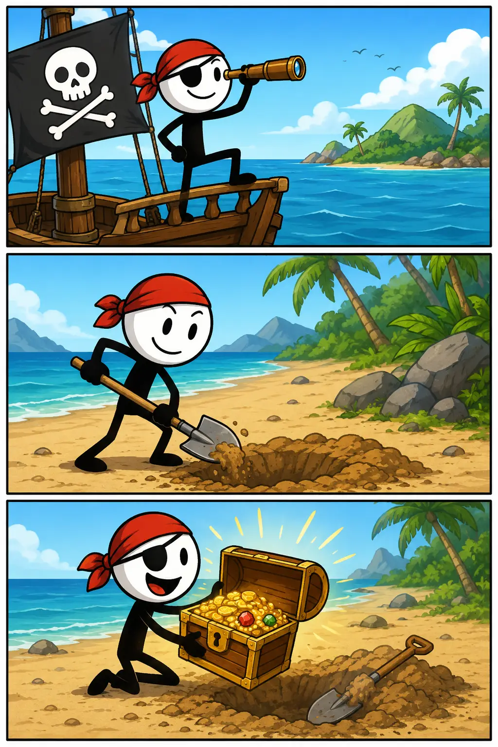 Een stripafbeelding van een piraat op een piratenschip die met een verrekijker een eiland zoekt, daarna op een tropisch strand graaft en uiteindelijk blij een schatkist vol goud en edelstenen vindt.
