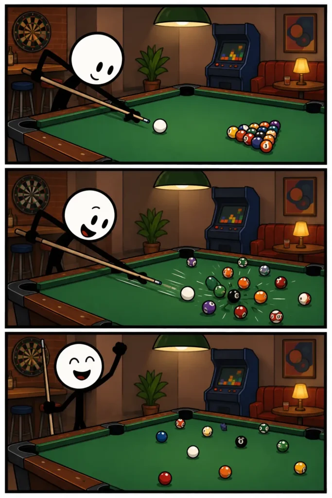 Een Toonwords-strip van poolbiljart in drie panelen. In het eerste paneel richt een stickman met een keu op de witte speelbal terwijl de gekleurde ballen in een driehoek zijn opgesteld op een pooltafel met pockets. In het tweede paneel voert hij de break uit en vliegen de ballen over de tafel. In het derde paneel liggen de ballen verspreid en viert de stickman tevreden een geslaagde openingsstoot. De afbeelding laat de activiteit poolbiljart stap voor stap zien.