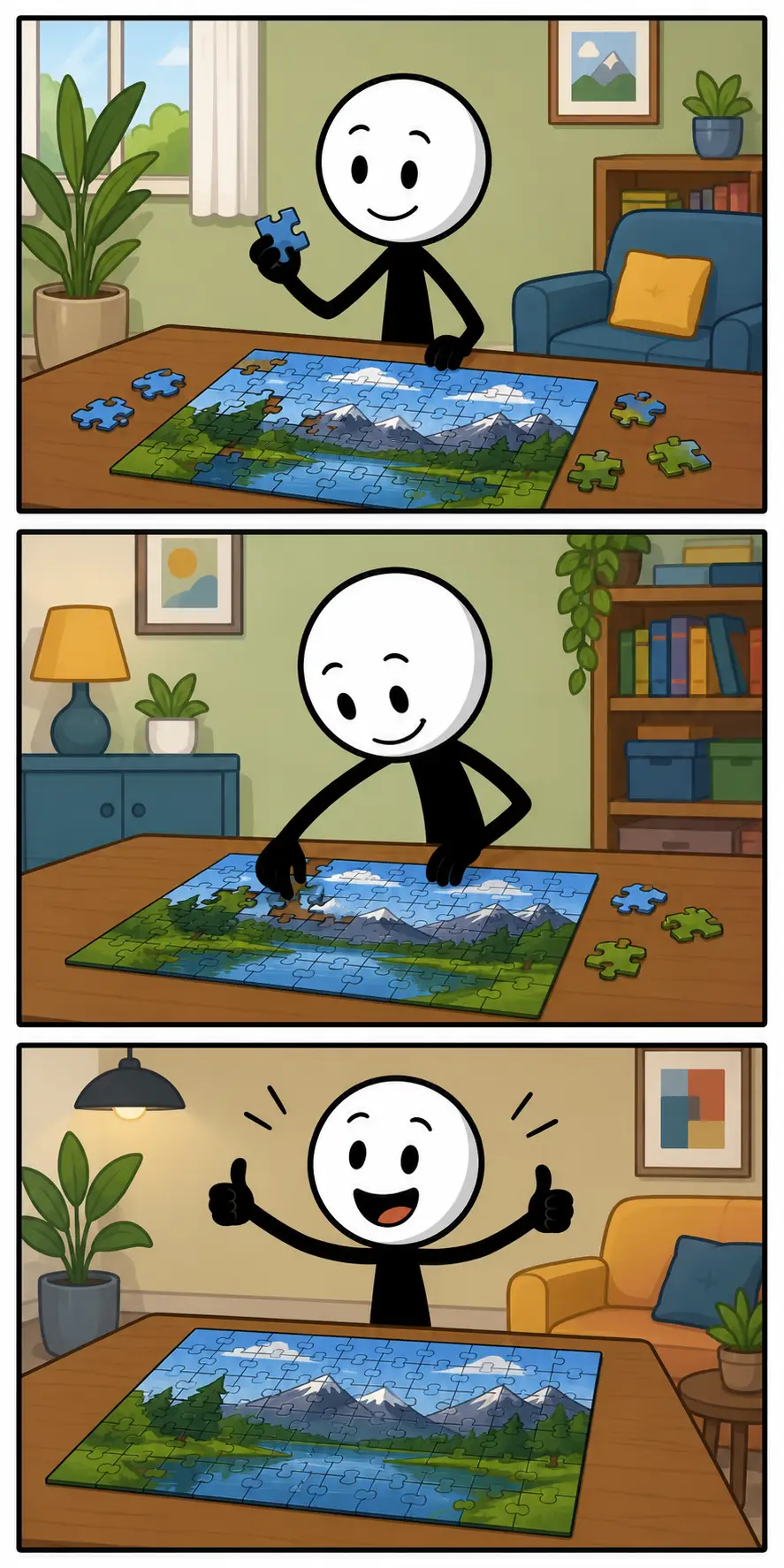 Een Toonwords-stripafbeelding in drie panelen over puzzelen. Een stickman zoekt een passend puzzelstuk, legt het zorgvuldig op de juiste plek en bekijkt daarna trots de volledig voltooide legpuzzel in een gezellige kamer.