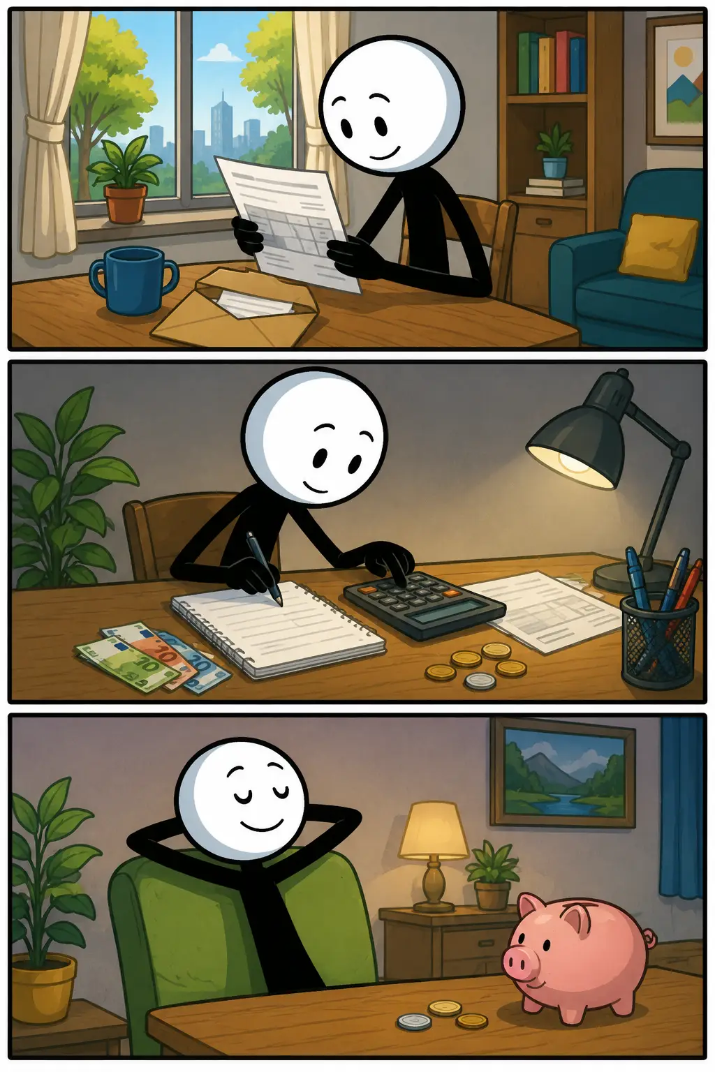 Een Toonwords-strip over rekening met drie panelen: een stickman bekijkt een rekening aan tafel, rekent de kosten zorgvuldig uit en ontspant daarna tevreden wanneer de betaling geregeld is.