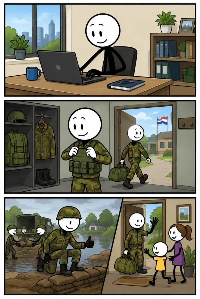 Reservist – Een driedelige Toonwords-strip waarin een reservist eerst in burger aan het werk is, daarna een militair uniform aantrekt op een kazerne en vervolgens samen met andere militairen helpt tijdens een inzet voordat hij weer naar huis terugkeert.