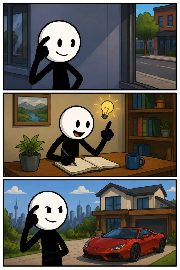 Een Toonwords-strip over het woord "Roll Safe". In drie panelen tikt een stickman nadenkend op zijn slaap terwijl hij een slim idee denkt te hebben. In het tweede paneel volgt een zelfverzekerde reactie en in het derde paneel blijkt de redenering vooral grappig of ironisch te zijn. De strip laat zien hoe een schijnbaar logische gedachte verandert in een humoristische meme.