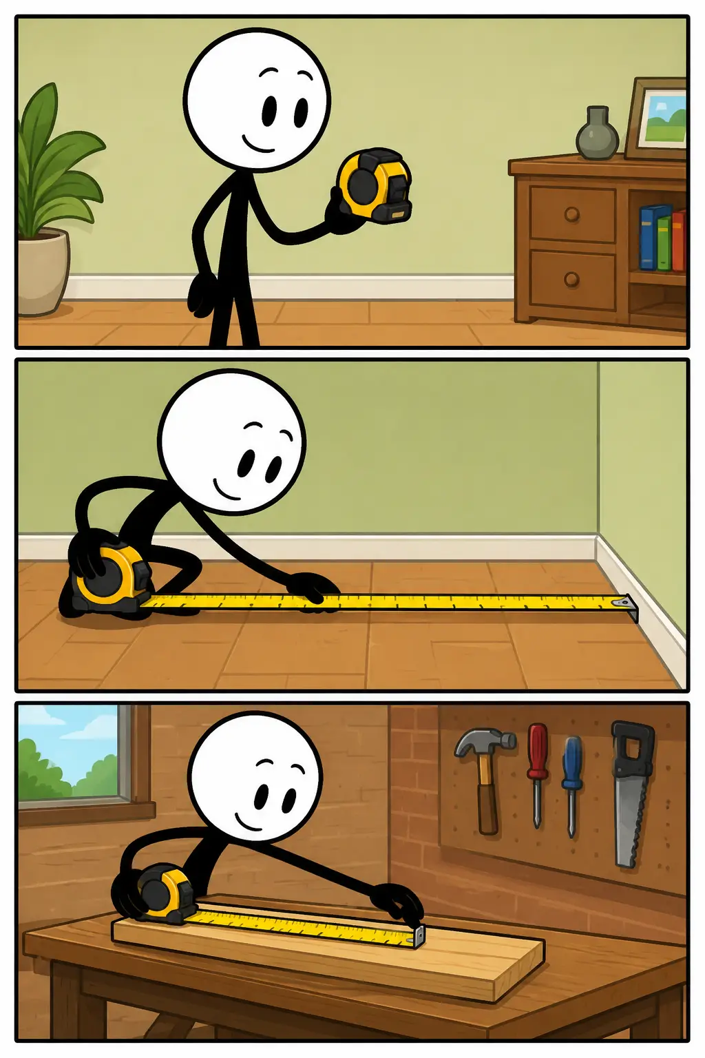 Rolmaat – Stripafbeelding met drie panelen waarin een vrolijke stickman een rolmaat gebruikt om eerst een ruimte op te meten en daarna een houten plank nauwkeurig te meten in een werkplaats met verschillend decor.