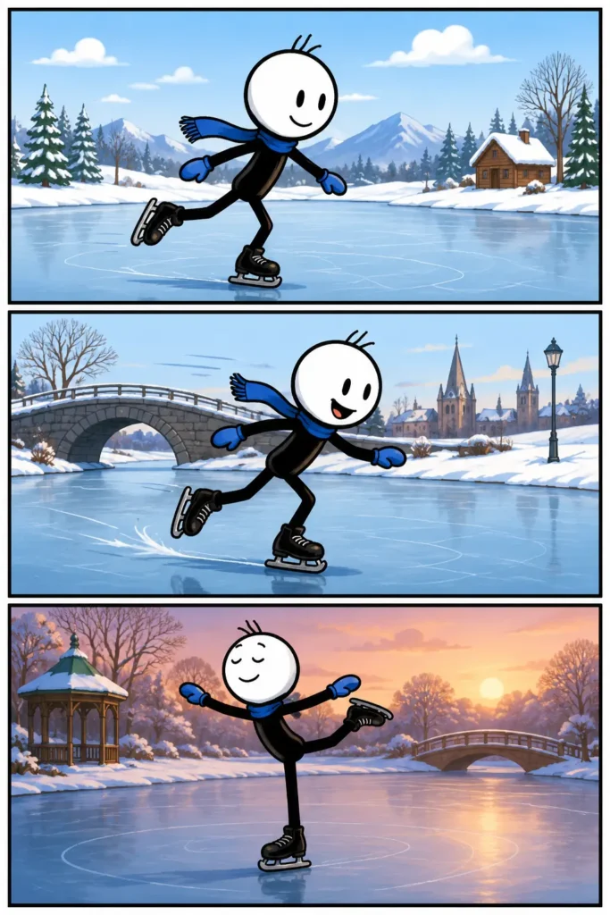 Schaatsen: een vrolijke stickman schaatst in een strip met drie panelen op verschillende bevroren locaties. Eerst glijdt hij ontspannen over een bergmeer, daarna maakt hij vaart op een bevroren rivier langs een brug en gebouwen, en tot slot houdt hij sierlijk zijn evenwicht tijdens een rustige schaatshouding op een ijsbaan bij zonsondergang.