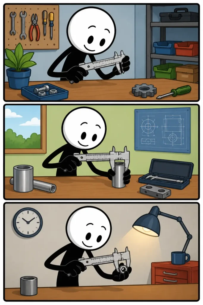 Een vrolijke stripafbeelding van een stickman die een schuifmaat gebruikt om verschillende metalen voorwerpen nauwkeurig op te meten in drie verschillende werkplaatsomgevingen.