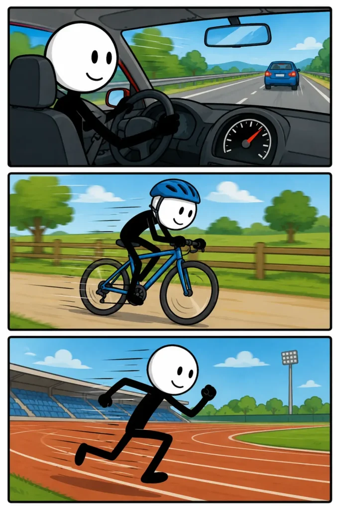 Een Toonwords-strip over snelheid met drie panelen: een bestuurder rijdt over de snelweg, daarna fietst iemand vlot over een landweg en tenslotte rent iemand snel over een atletiekbaan, waardoor verschillende vormen van snelheid worden uitgebeeld.