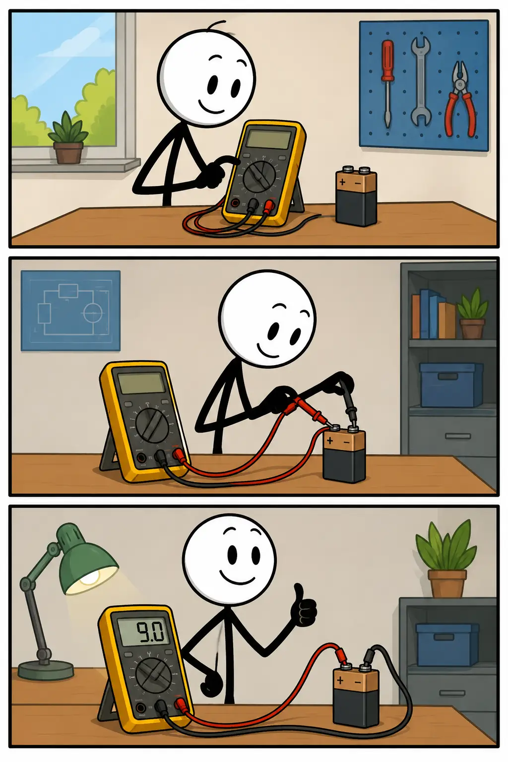 Spanningsmeter: een Toonwords-strip met drie gekleurde panelen waarin een stickman een digitale spanningsmeter instelt, de meetpennen op een batterij aansluit en vervolgens tevreden het gemeten voltage controleert in een werkplaats met gereedschap.