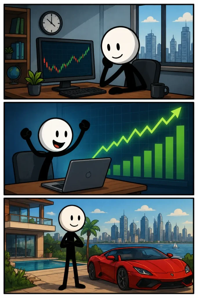 Een stripafbeelding van de internetmeme "Stonks", waarin een stickman een stijgende beurskoers volgt, een sterke winst viert en trots poseert bij de beloning van zijn succesvolle investering.