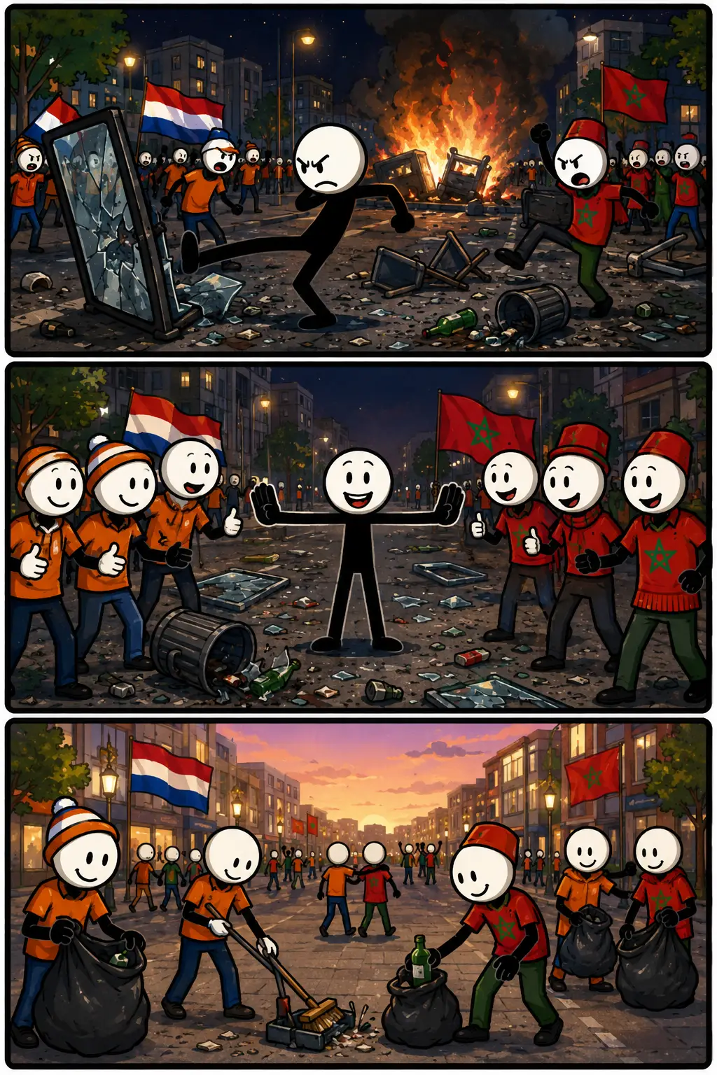 Stop met onnodig rellen: een Toonwords-strip in drie panelen waarin supporters na een WK-wedstrijd eerst vernielingen veroorzaken, daarna kiezen voor rust en uiteindelijk samen de straat opruimen.
