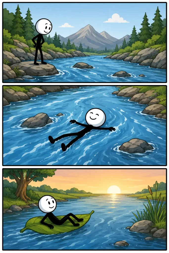 Een Toonwords-strip over stroming met drie panelen: een stickman kijkt naar een snelstromende rivier, laat zich daarna ontspannen met de waterstroom meevoeren en drijft uiteindelijk rustig verder op een groot blad terwijl de rivier door een groen landschap stroomt.