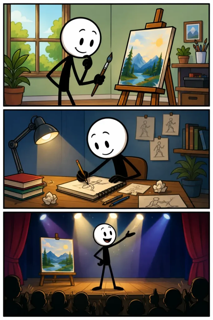Een stripafbeelding over talent met drie panelen. In het eerste paneel ontdekt een persoon zijn creatieve aanleg tijdens het schilderen. In het tweede paneel wordt er geconcentreerd geoefend en verder gewerkt aan de vaardigheid. In het derde paneel wordt het resultaat vol trots aan een enthousiast publiek gepresenteerd, waarmee zichtbaar wordt hoe talent zich door oefening en inzet kan ontwikkelen.