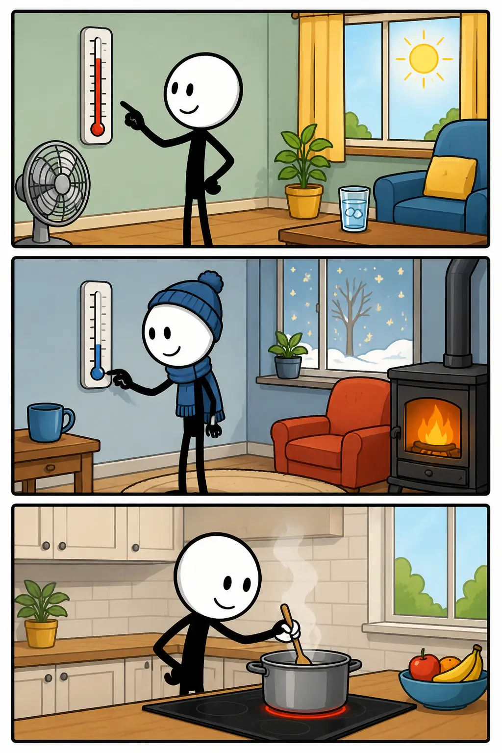 Een Toonwords-strip over temperatuur met drie panelen: eerst wordt een warme temperatuur binnenshuis bekeken, daarna een koude temperatuur in een winterse kamer en tenslotte een warme temperatuur tijdens het koken, waarbij verschillende situaties laten zien hoe temperatuur kan verschillen.