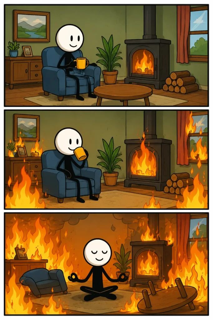 Een stripafbeelding van de meme-uitdrukking "This Is Fine", waarin een stickman rustig blijft terwijl een kamer langzaam in brand staat en de situatie steeds chaotischer wordt.