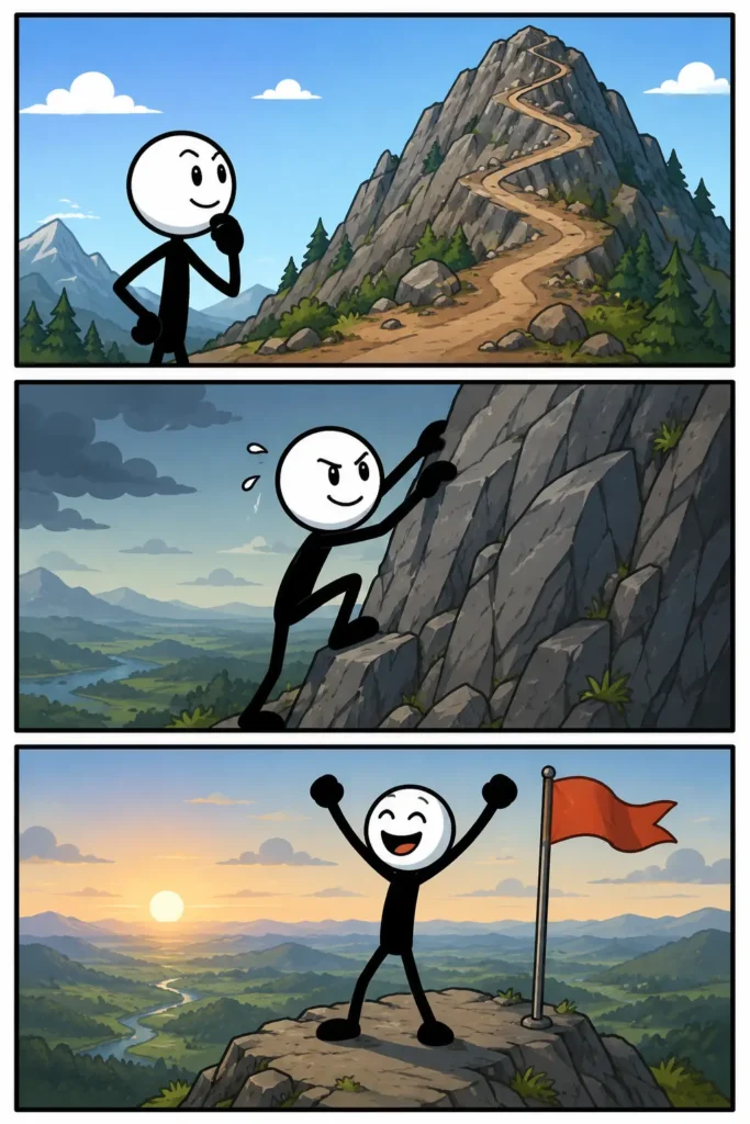 Stripafbeelding van Uitdaging in Toonwords-stijl: een stickman ziet een hoge berg met een kronkelpad, klimt vastberaden omhoog langs een steile rotswand en bereikt uiteindelijk lachend de top met een vlag, als symbool voor het overwinnen van een moeilijke uitdaging.