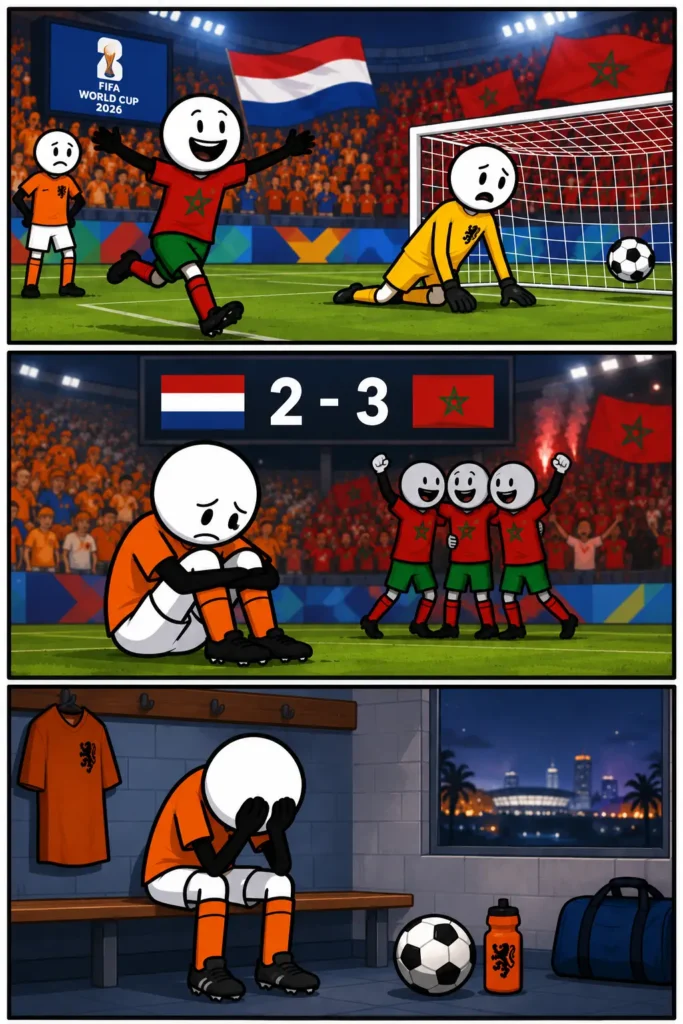 Strip over uitgeschakeld: Nederland verliest met 2-3 van Marokko op het WK 2026, waarna Marokko juicht en de Nederlandse spelers teleurgesteld achterblijven.